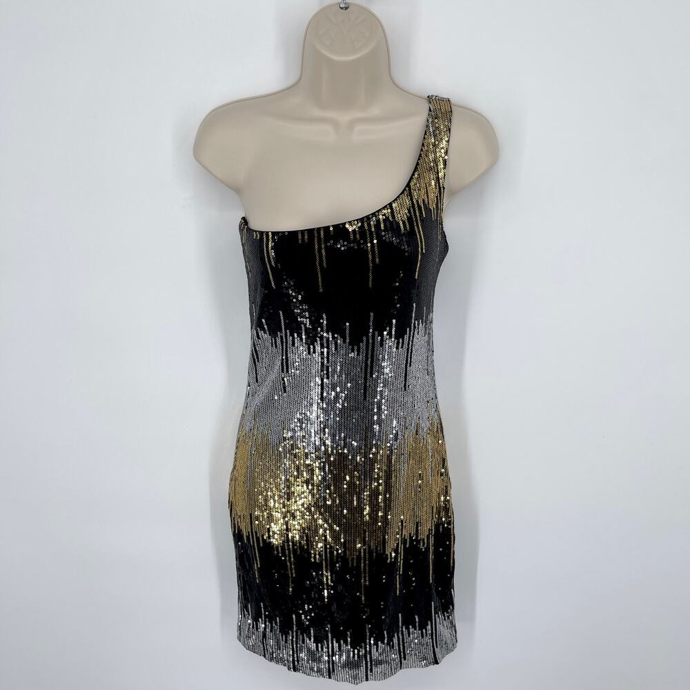 Profile Cocktail Dress NEW Junior S Black Gold Silver Sequin Lined One Shoulder